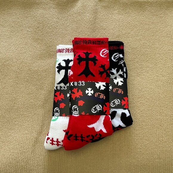 Chrome Hearts Stencil Socks (3 pack) Black/White/Red - Picture 1 of 4
